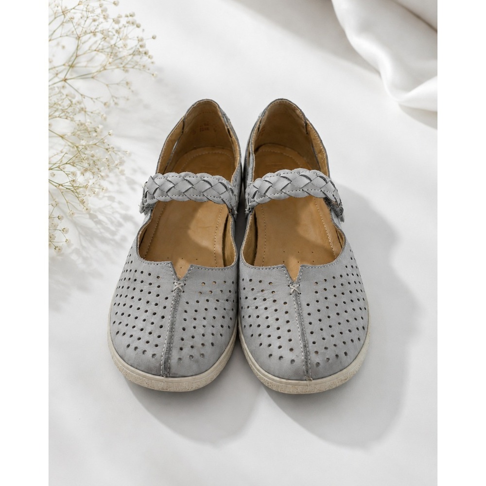 Hotter Quake Women's Leather Mary Jane Flats Gray Perforated Comfort Shoes 10 US